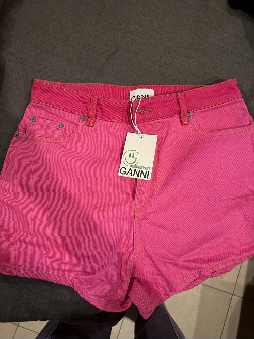 Ganni Hot Pink Denim High-Rise Shorts